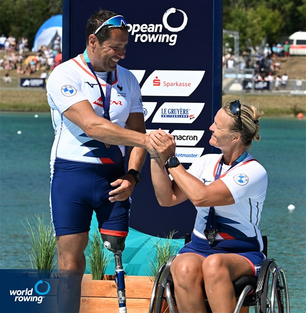 Stephane Tardieu (b), Perle Bouge (s), PR2 Mixed double sculls, France, Silver, 2022 European Rowing Championships, Munich, Germany / Detlev Seyb/MyRowingPhoto.com