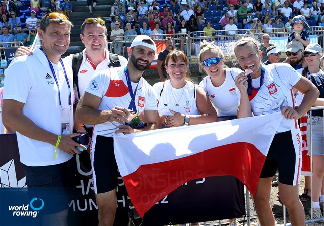 Jolanta Majka (b), Michal Gadowski (s), PR2 Mixed double sculls, Poland, Bronze, 2022 European Rowing Championships, Munich, Germany / Detlev Seyb/MyRowingPhoto.com