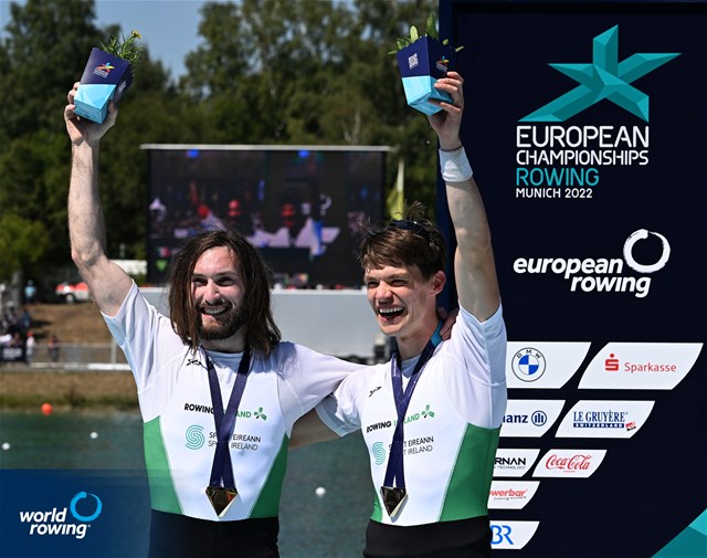 Fintan Mc Carthy (b), Paul O'Donovan (s), Lightweight Men's Double Sculls, Ireland, Gold, 2022 European Rowing Championships, Munich, Germany / Detlev Seyb/MyRowingPhoto.com