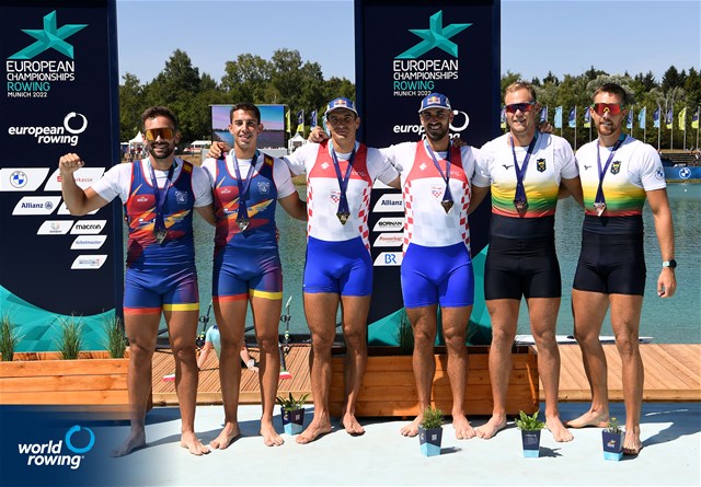 Martin Sinkovic (b), Valent Sinkovic (s), Men's Double Sculls, Croatia, Gold, Aleix Garci Garcia Pujolar (b), Rodrigo Conde Romero (s), Spain, Silver, Armandas Kelmelis (b), Dovydas Nemeravicius (s), Lithuania, Bronze, 2022 European Rowing Championships, Munich, Germany / Detlev Seyb/MyRowingPhoto.com