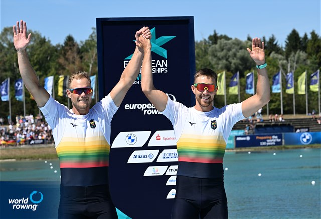 Armandas Kelmelis (b), Dovydas Nemeravicius (s), Men's Double Sculls, Lithuania, Bronze, 2022 European Rowing Championships, Munich, Germany / Detlev Seyb/MyRowingPhoto.com