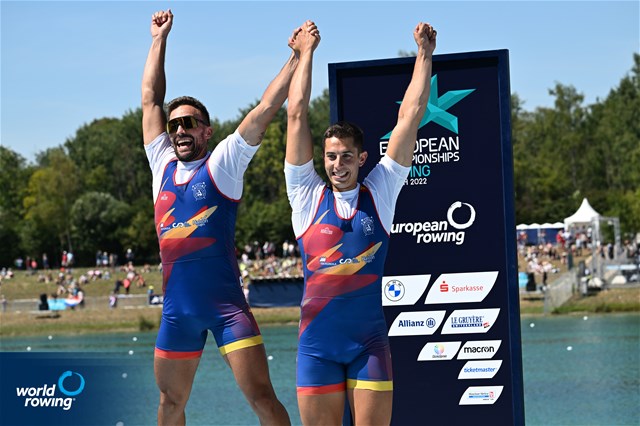 Aleix Garci Garcia Pujolar (b), Rodrigo Conde Romero (s), Men's Double Sculls, Spain, Silver, 2022 European Rowing Championships, Munich, Germany / Detlev Seyb/MyRowingPhoto.com