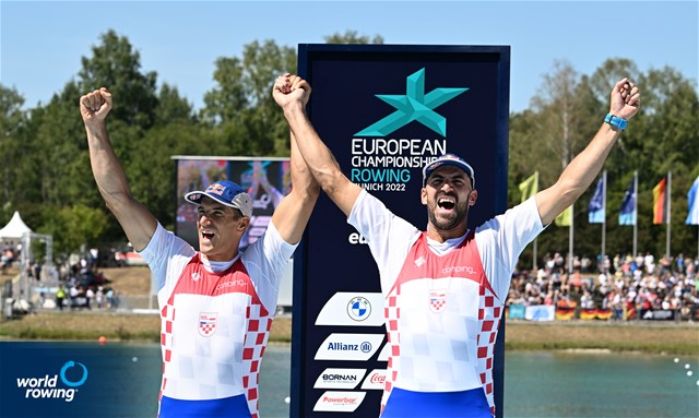 Martin Sinkovic (b), Valent Sinkovic (s), Men's Double Sculls, Croatia, Gold, 2022 European Rowing Championships, Munich, Germany / Detlev Seyb/MyRowingPhoto.com