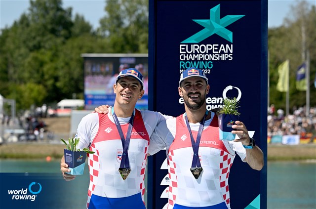 Martin Sinkovic (b), Valent Sinkovic (s), Men's Double Sculls, Croatia, Gold, 2022 European Rowing Championships, Munich, Germany / Detlev Seyb/MyRowingPhoto.com