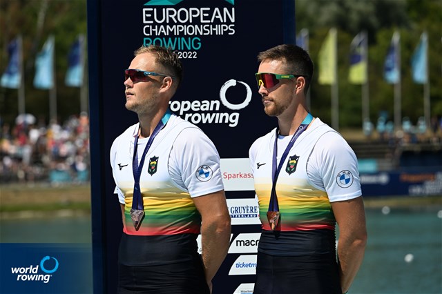 Armandas Kelmelis (b), Dovydas Nemeravicius (s), Men's Double Sculls, Lithuania, Bronze, 2022 European Rowing Championships, Munich, Germany / Detlev Seyb/MyRowingPhoto.com
