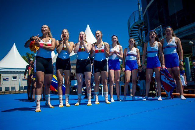 Sandrine Bartos (b), Marlene Zukunft, Lea Berkemeyer, Charlotte Luster (s), Women's Quadruple Sculls, Germany, 2022 World Rowing Under 19 & Under 23 Championships, Varese, Italy ©World Rowing/Benedict Tufnell