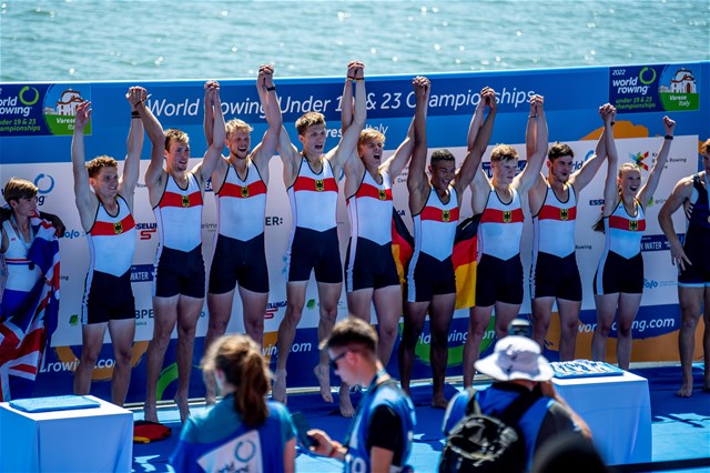 Tom Hesse (b), Johannes Benien, Carl Sgonina, Tobias Strangemann, Moritz Mueller, Aaron Fuchs, Leonhard Goez, Paul Stern (s), Lina Mistera (c), Men's Eight, Germany, 2022 World Rowing Under 19 & Under 23 Championships, Varese, Italy ©World Rowing/Benedict Tufnell