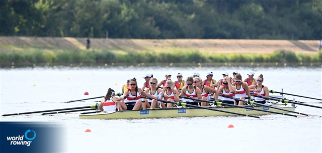 Antonia Labonde (b), Kira Gerth, Ricarda Heuser, Carla Paetow, Anne Schepinski, Anne Beier, Meike Pixius, Chiara Kracklauer (s), Annalena Fisch (c), Women's Eight, Germany, 2022 European Rowing Under 23 Championships, Hazewinkel, Belgium / Detlev Seyb/MyRowingPhoto.com