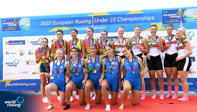 Anita Boldrino (b), Beatrice Crevani, Anna Scolaro, Anna Rossi (s), Martina Barili (c), Women's Coxed Four, Italy, Gold, Amalia Bucu (b), Alina-Maria Baletchi, Manuela-Gabriela Lungu, Iuliana Timoc (s), Victoria-Stefania Petreanu (c), Romania, Silver, Stina Roebbecke (b), Julia Runge, Alissa Buhrmann, Paula Becher (s), Janne-Marit Boerger (c), Germany, Bronze, 2022 European Rowing Under 23 Championships, Hazewinkel, Belgium / Detlev Seyb/MyRowingPhoto.com