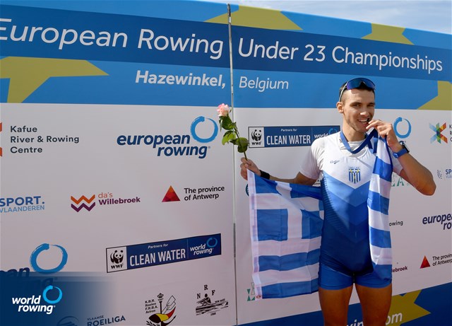 Petros Gkaidatzis, Lightweight Men's Single Sculls, Greece, Gold, 2022 European Rowing Under 23 Championships, Hazewinkel, Belgium / Detlev Seyb/MyRowingPhoto.com