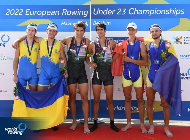 Balint Boros (b), Tamas Czinege (s), Lightweight Men's Pair, Hungary, Gold, Roman Biedarov (b), Vladyslav Yakhniienko (s), Ukraine, Silver, Nichita Naumciuc (b), Dmitrii Zincenco (s), Republic of Moldova, Bronze, 2022 European Rowing Under 23 Championships, Hazewinkel, Belgium / Detlev Seyb/MyRowingPhoto.com