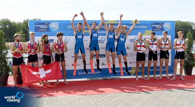 Paolo Gregori (b), Alessandro Pozzi, Nicolo' Demiliani, Mario Guareschi (s), Lightweight Men's Quadruple Sculls, Italy, Gold, Tobias Fuerholz (b), Cedric Payer, Dorian Rosenberg, Tommaso Fassone (s), Switzerland, Silver, Malte Machwitz (b), Mirko Rahn, Moritz Kuepper, Jakob Waldhelm (s), Germany, Bronze, 2022 European Rowing Under 23 Championships, Hazewinkel, Belgium / Detlev Seyb/MyRowingPhoto.com