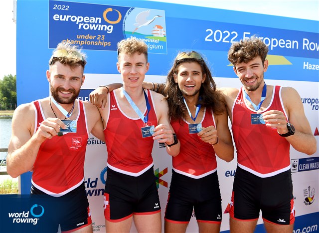 Tobias Fuerholz (b), Cedric Payer, Dorian Rosenberg, Tommaso Fassone (s), Lightweight Men's Quadruple Sculls, Switzerland, Silver, 2022 European Rowing Under 23 Championships, Hazewinkel, Belgium / Detlev Seyb/MyRowingPhoto.com