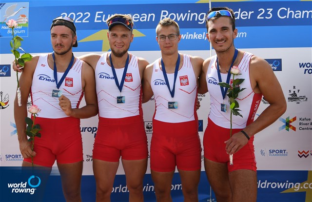 Tomasz Lewicki (b), Damian Jozefowicz, Bartlomiej Soponski, Kazmir Ziven Kujda (s), Men's Four, Poland, Gold, 2022 European Rowing Under 23 Championships, Hazewinkel, Belgium / Detlev Seyb/MyRowingPhoto.com