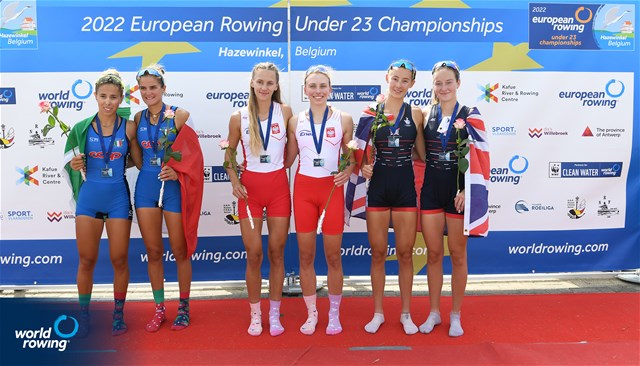 Jessika Sobocinska (b), Wiktoria Kalinowska (s), Lightweight Women's Double Sculls, Poland, Gold, Matilde Barison (b), Sara Borghi (s), Italy, Silver, Annabelle Ruinet (b), Lauren Maddison (s), Great Britain, Bronze, 2022 European Rowing Under 23 Championships, Hazewinkel, Belgium / Detlev Seyb/MyRowingPhoto.com