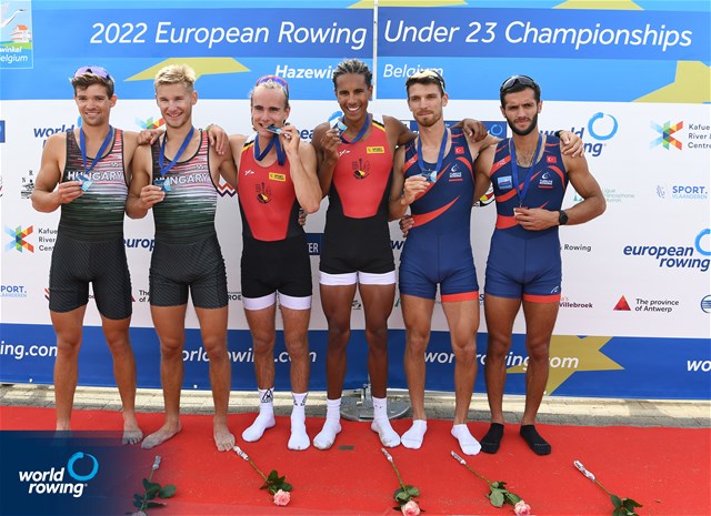 Mil Blommaert (b), Savin Rodenburg (s), Lightweight Men's Double Sculls, Belgium, Gold, Henry Egon Bridge (b), Balazs Szollosi (s), Hungary, Silver, Enes Gok (b), Sefik Cakmak (s), Turkey, Bronze, 2022 European Rowing Under 23 Championships, Hazewinkel, Belgium / Detlev Seyb/MyRowingPhoto.com