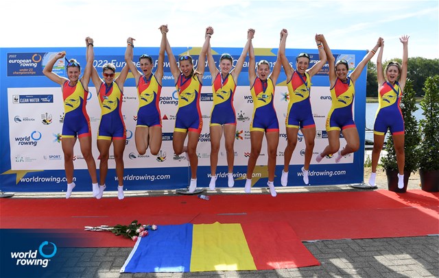 Manuela-Gabriela Lungu (b), Iuliana Timoc, Larisa-Andreea Bogdan, Alice-Elena Turcanu, Amalia Bucu, Alina-Maria Baletchi, Estera-Costina-Beatrice Vilceanu, Dumitrita Juncanariu (s), Victoria-Stefania Petreanu (c), Women's Eight, Romania, Gold, 2022 European Rowing Under 23 Championships, Hazewinkel, Belgium / Detlev Seyb/MyRowingPhoto.com