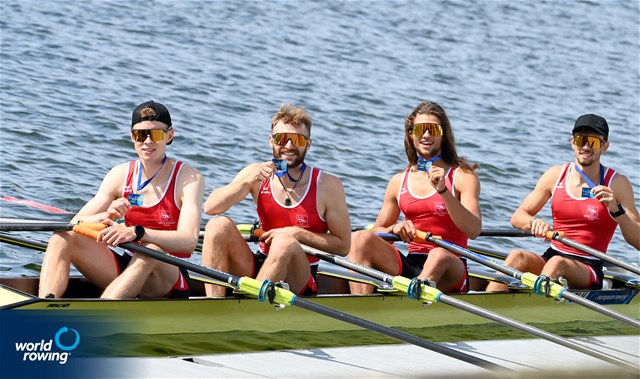 Tobias Fuerholz (b), Cedric Payer, Dorian Rosenberg, Tommaso Fassone (s), Lightweight Men's Quadruple Sculls, Switzerland, Silver, 2022 European Rowing Under 23 Championships, Hazewinkel, Belgium / Detlev Seyb/MyRowingPhoto.com