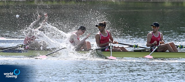 Tobias Fuerholz (b), Cedric Payer, Dorian Rosenberg, Tommaso Fassone (s), Lightweight Men's Quadruple Sculls, Switzerland, 2022 European Rowing Under 23 Championships, Hazewinkel, Belgium / Detlev Seyb/MyRowingPhoto.com