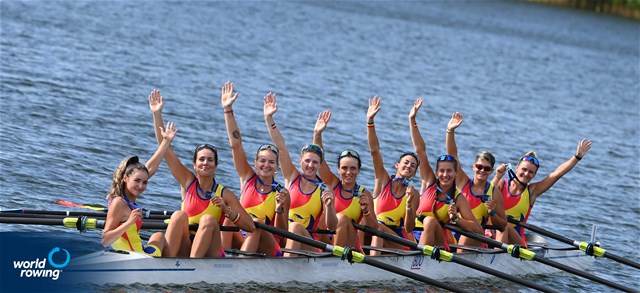 Manuela-Gabriela Lungu (b), Iuliana Timoc, Larisa-Andreea Bogdan, Alice-Elena Turcanu, Amalia Bucu, Alina-Maria Baletchi, Estera-Costina-Beatrice Vilceanu, Dumitrita Juncanariu (s), Victoria-Stefania Petreanu (c), Women's Eight, Romania, Gold, 2022 European Rowing Under 23 Championships, Hazewinkel, Belgium / Detlev Seyb/MyRowingPhoto.com