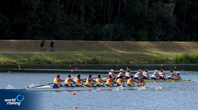 Manuela-Gabriela Lungu (b), Iuliana Timoc, Larisa-Andreea Bogdan, Alice-Elena Turcanu, Amalia Bucu, Alina-Maria Baletchi, Estera-Costina-Beatrice Vilceanu, Dumitrita Juncanariu (s), Victoria-Stefania Petreanu (c), Women's Eight, Romania, 2022 European Rowing Under 23 Championships, Hazewinkel, Belgium / Maren Derlien/MyRowingPhoto.com