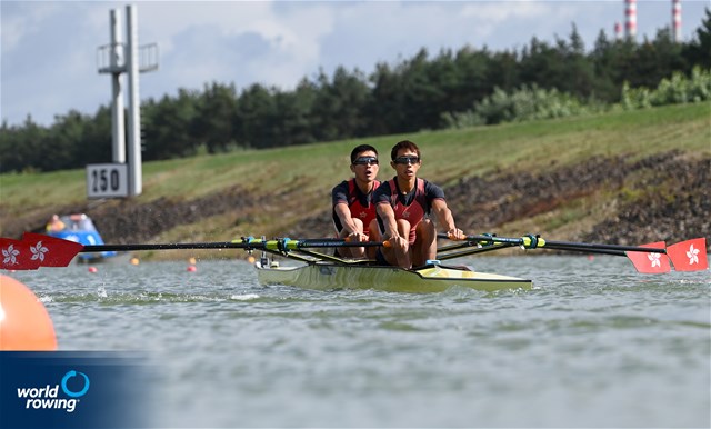 Chi Fung Chan (b), Hin Chun Chiu (s), Lightweight Men's Double Sculls, Hong Kong, China, 2022 World Rowing Championships, Racice, Czech Republic / Detlev Seyb/MyRowingPhoto.com
