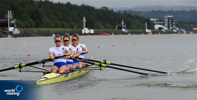 Heidi Long (b), Rowan Mckellar, Samantha Redgrave, Rebecca Shorten (s), Women's Four, Great Britain, 2022 World Rowing Championships, Racice, Czech Republic / Detlev Seyb/MyRowingPhoto.com