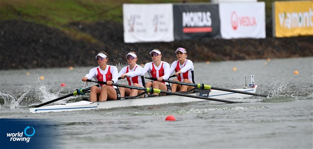 Julie Poulsen (b), Marie Skytte Hauberg Johannesen, Frida Sanggaard Nielsen, Astrid Steensberg (s), Women's Four, Denmark, 2022 World Rowing Championships, Racice, Czech Republic / Detlev Seyb/MyRowingPhoto.com