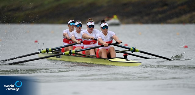 Claire Brillon (b), Cassidy Deane, Karen Lefsrud, Rebecca Zimmerman (s), Women's Four, Canada, 2022 World Rowing Championships, Racice, Czech Republic / Detlev Seyb/MyRowingPhoto.com