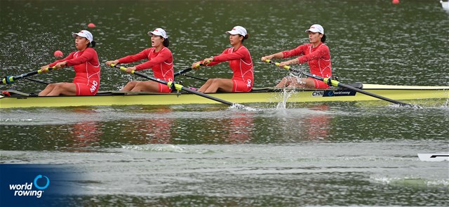 Shuxian Zhang (b), Xiaoxin Liu, Zifeng Wang, Xingye Xu (s), Women's Four, People's Republic of China, 2022 World Rowing Championships, Racice, Czech Republic / Detlev Seyb/MyRowingPhoto.com