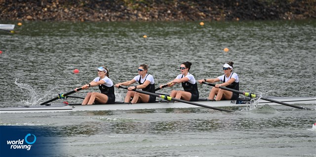 Catherine Layburn (b), Davina Waddy, Beth Ross, Phoebe Spoors (s), Women's Four, New Zealand, 2022 World Rowing Championships, Racice, Czech Republic / Detlev Seyb/MyRowingPhoto.com