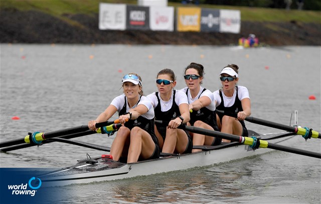 Catherine Layburn (b), Davina Waddy, Beth Ross, Phoebe Spoors (s), Women's Four, New Zealand, 2022 World Rowing Championships, Racice, Czech Republic / Detlev Seyb/MyRowingPhoto.com