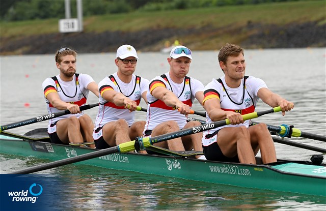 Theis Hagemeister (b), Malte Grossmann, Max John, Marc Kammann (s), Men's Four, Germany, 2022 World Rowing Championships, Racice, Czech Republic / Detlev Seyb/MyRowingPhoto.com