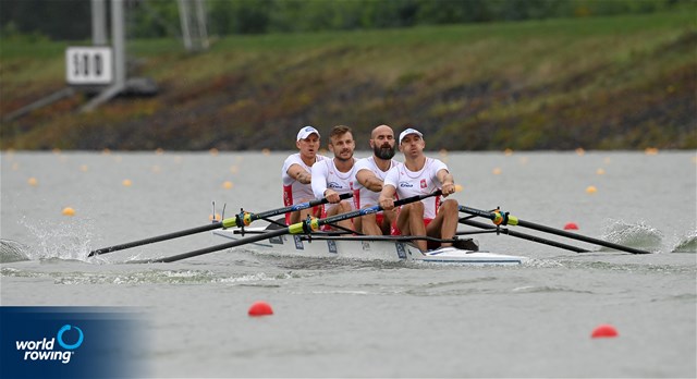 Lukasz Posylajka (b), Piotr Juszczak, Mikolaj Burda, Mateusz Wilangowski (s), Men's Four, Poland, 2022 World Rowing Championships, Racice, Czech Republic / Detlev Seyb/MyRowingPhoto.com