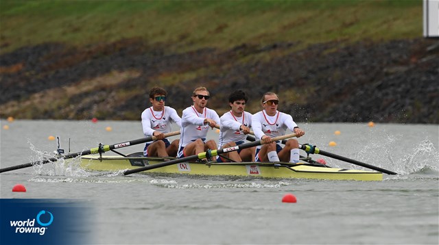 Armand Pfister (b), Teo Rayet, Thibaud Turlan, Louis Chamorand (s), Men's Four, France, 2022 World Rowing Championships, Racice, Czech Republic / Detlev Seyb/MyRowingPhoto.com