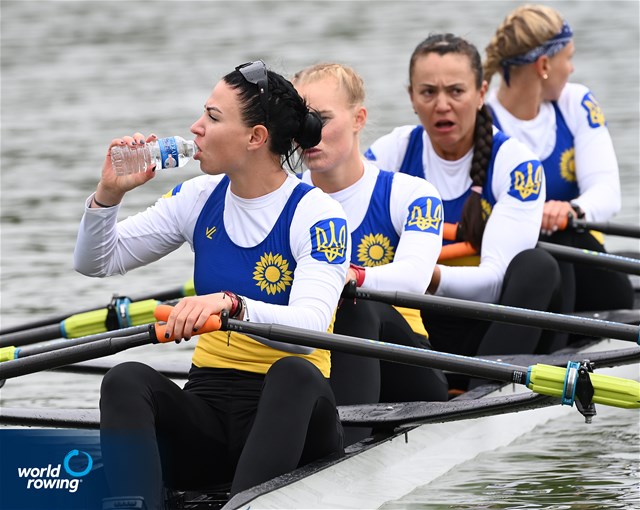 Daryna Verkhogliad (b), Nataliya Dovgodko, Kateryna Dudchenko, Yevheniia Dovhodko (s), Women's Quadruple Sculls, Ukraine, 2022 World Rowing Championships, Racice, Czech Republic / Detlev Seyb/MyRowingPhoto.com