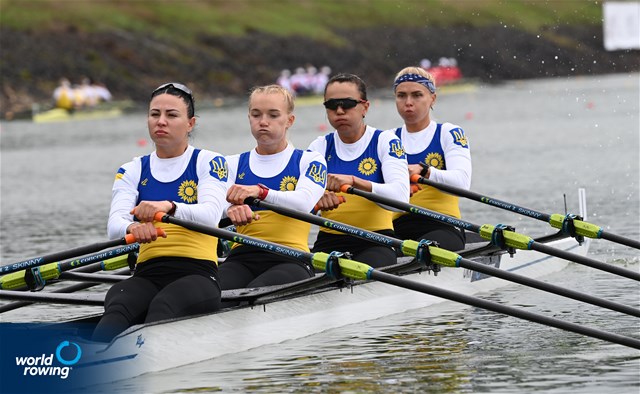 Daryna Verkhogliad (b), Nataliya Dovgodko, Kateryna Dudchenko, Yevheniia Dovhodko (s), Women's Quadruple Sculls, Ukraine, 2022 World Rowing Championships, Racice, Czech Republic / Detlev Seyb/MyRowingPhoto.com