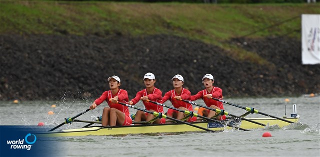 Yunxia Chen (b), Ling Zhang, Yang Lyu, Xiaotong Cui (s), Women's Quadruple Sculls, People's Republic of China, 2022 World Rowing Championships, Racice, Czech Republic / Detlev Seyb/MyRowingPhoto.com