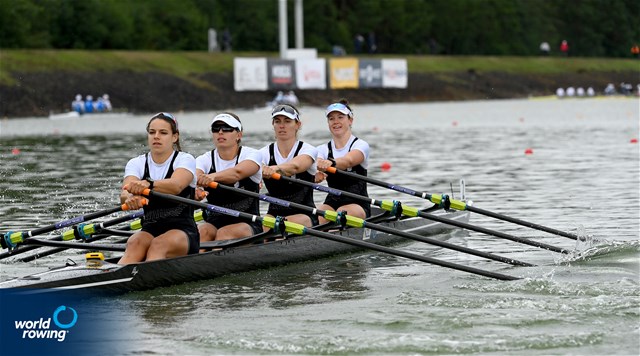 Kirstyn Goodger (b), Hannah Osborne, Kate Haines, Stella Clayton-Greene (s), Women's Quadruple Sculls, New Zealand, 2022 World Rowing Championships, Racice, Czech Republic / Detlev Seyb/MyRowingPhoto.com
