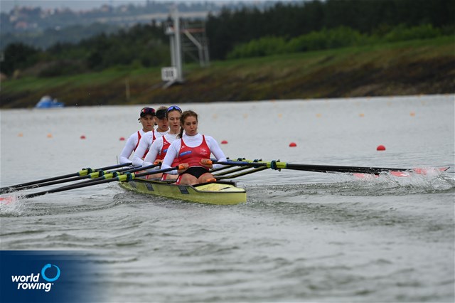Salome Ulrich (b), Lisa Loetscher, Pascale Walker, Celia Dupre (s), Women's Quadruple Sculls, Switzerland, 2022 World Rowing Championships, Racice, Czech Republic / Detlev Seyb/MyRowingPhoto.com