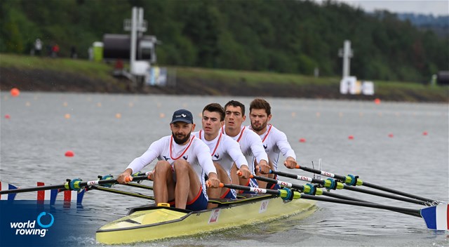 Valentin Onfroy (b), Benoit Brunet, Victor Marcelot, Theophile Onfroy (s), Men's Quadruple Sculls, France, 2022 World Rowing Championships, Racice, Czech Republic / Detlev Seyb/MyRowingPhoto.com
