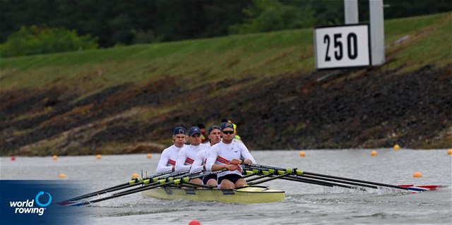 Jonas Juel (b), Martin Helseth, Erling Oeyasaeter, Erik Andre Solbakken (s), Men's Quadruple Sculls, Norway, 2022 World Rowing Championships, Racice, Czech Republic / Detlev Seyb/MyRowingPhoto.com