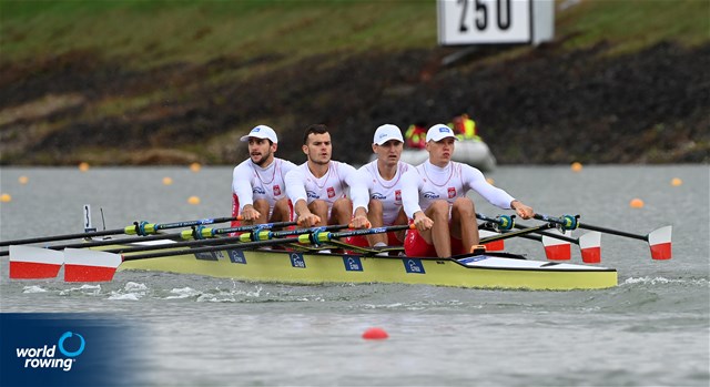 Dominik Czaja (b), Mateusz Biskup, Miroslaw Zietarski, Fabian Baranski (s), Men's Quadruple Sculls, Poland, 2022 World Rowing Championships, Racice, Czech Republic / Detlev Seyb/MyRowingPhoto.com