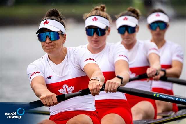 Claire Brillon (b), Cassidy Deane, Karen Lefsrud, Rebecca Zimmerman (s), Women's Four, Canada, 2022 World Rowing Championships, Racice, Czech Republic / World Rowing/Benedict Tufnell