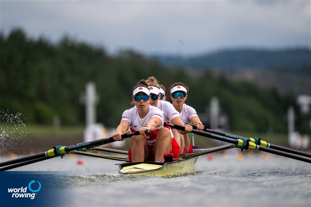 Claire Brillon (b), Cassidy Deane, Karen Lefsrud, Rebecca Zimmerman (s), Women's Four, Canada, 2022 World Rowing Championships, Racice, Czech Republic / World Rowing/Benedict Tufnell