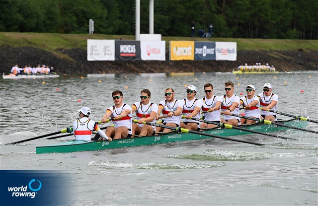 Mark Hinrichs (b), Jasper Angl, Julian Garth, Tom Tewes, Benedict Eggeling, Mattes Schoenherr, Wolf-Niclas Schroeder, Torben Johannesen (s), Jonas Wiesen (c), Men's Eight, Germany, 2022 World Rowing Championships, Racice, Czech Republic / Detlev Seyb/MyRowingPhoto.com