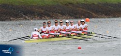 Luke Gadsdon (b), Joshua King, Curtis Ames, Ryan Clegg, William Crothers, Terek Been, Peter Lancashire, Jakub Buczek (s), Laura Court (c), Men's Eight, Canada, 2022 World Rowing Championships, Racice, Czech Republic / Detlev Seyb/MyRowingPhoto.com