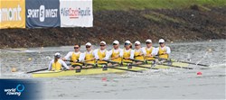 Rohan Lavery (b), Nicholas Lavery, Henry Youl, Benjamin Canham, Angus Widdicombe, Sam Hardy, William O'Shannessy, Jackson Kench (s), Kendall Brodie (c), Men's Eight, Australia, 2022 World Rowing Championships, Racice, Czech Republic / Detlev Seyb/MyRowingPhoto.com