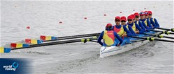 Magdalena Rusu (b), Iuliana Buhus, Adriana Ailincai, Maria Tivodariu, Madalina Beres, Amalia Beres, Ioana Vrinceanu, Denisa Tilvescu (s), Victoria-Stefania Petreanu (c), Women's Eight, Romania, 2022 World Rowing Championships, Racice, Czech Republic / Detlev Seyb/MyRowingPhoto.com