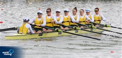 Eleanor Price (b), Jean Mitchell, Paige Barr, Jacqueline Swick, Ella Bramwell, Giorgia Patten, Georgina Rowe, Emma Fessey (s), Talia Barnet-Hepples (c), Women's Eight, Australia, 2022 World Rowing Championships, Racice, Czech Republic / Detlev Seyb/MyRowingPhoto.com